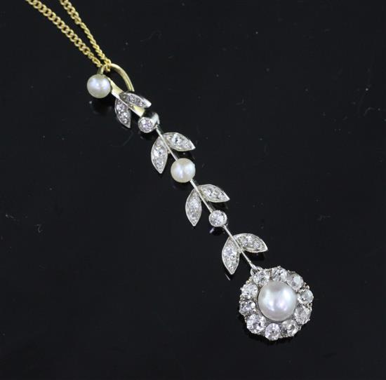 An early 20th century gold, platinum, cultured pearl and diamond pendant, pendant 1.75in.